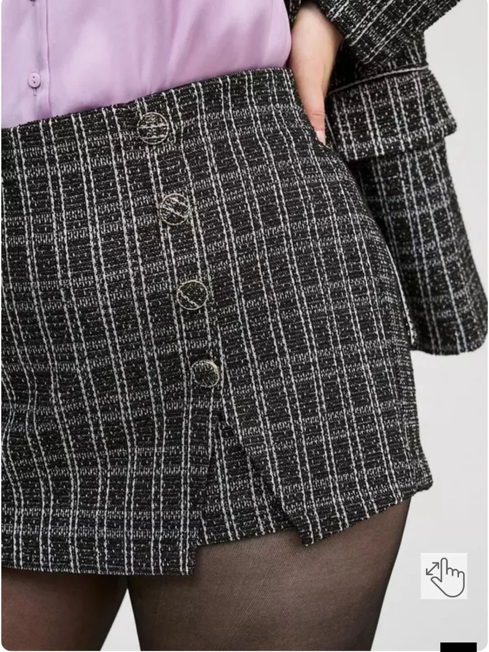 torrid Black & White Plaid Tweed Mini Skort with Side Buttons - Picture 6 of 12